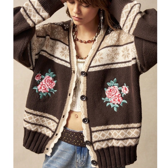 Cozy Floral Print Button Down Oversized Cardigan Sweater - Picture 2 of 5